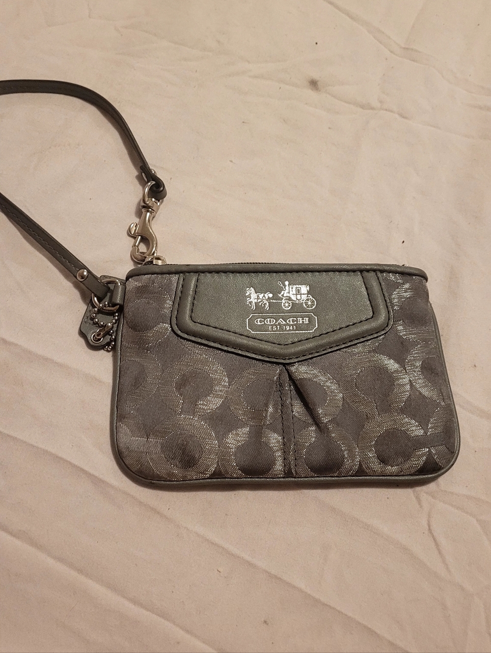 Coach Silver Gray Signature Wristlet with Horse & Carriage Logo